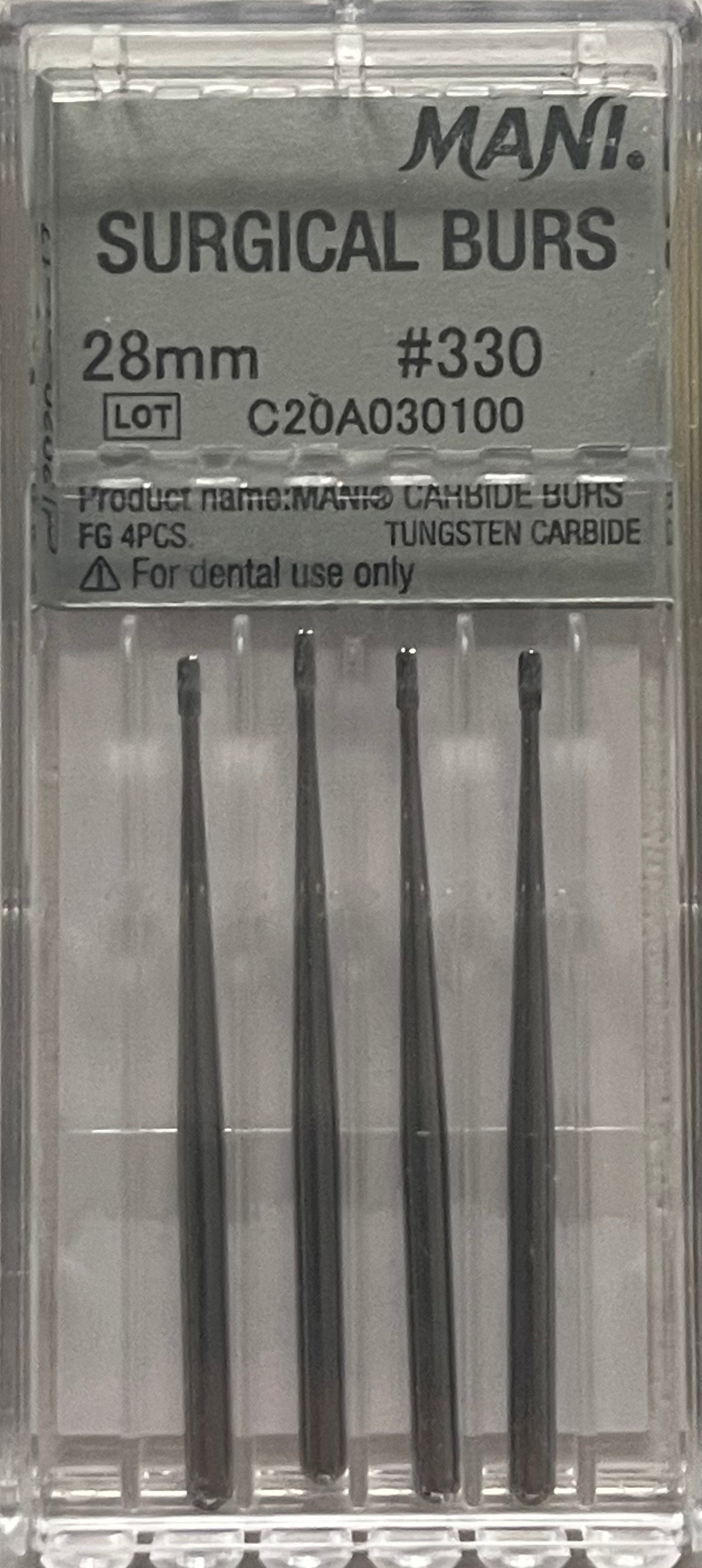 A package of Mani surgical burs, model number 28mm/#330, ideal for minimal endo access in narrow teeth