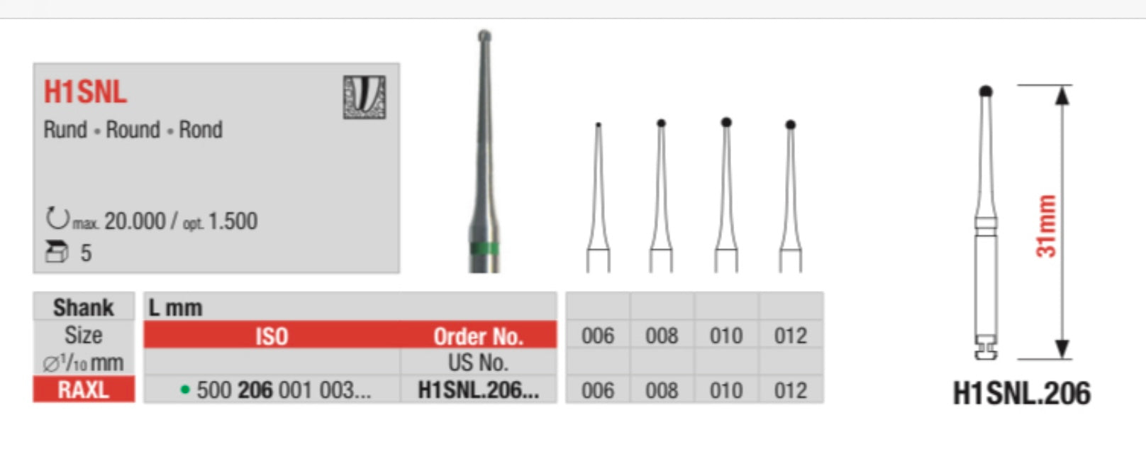Endo access long shank, rose head bur (pack of 5)